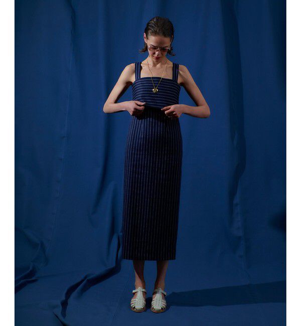 allureville「リネンストライプジャンパーワンピース」|ワンピース|ネイビー