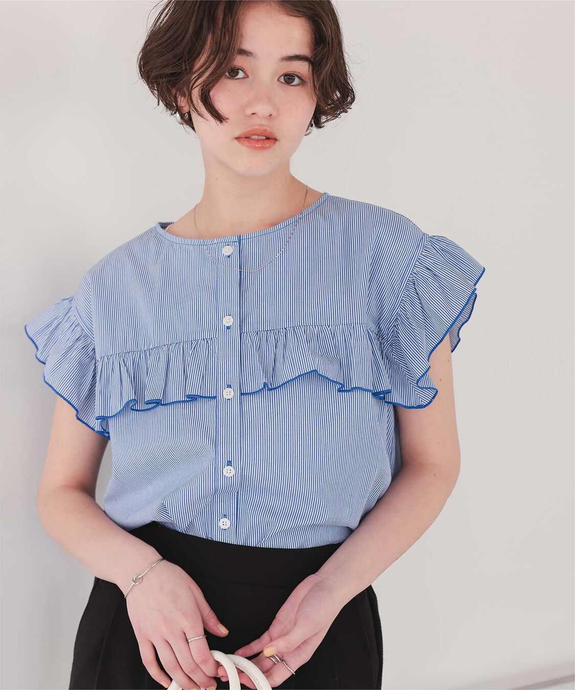 titivate「フレンチスリーブフリルブラウス」|シャツ・ブラウス|ストライプ/ブルー