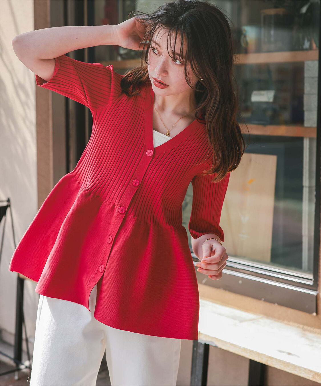 titivate「前後2wayハーフスリーブペプラムニットトップス」|ニット・セーター|レッド