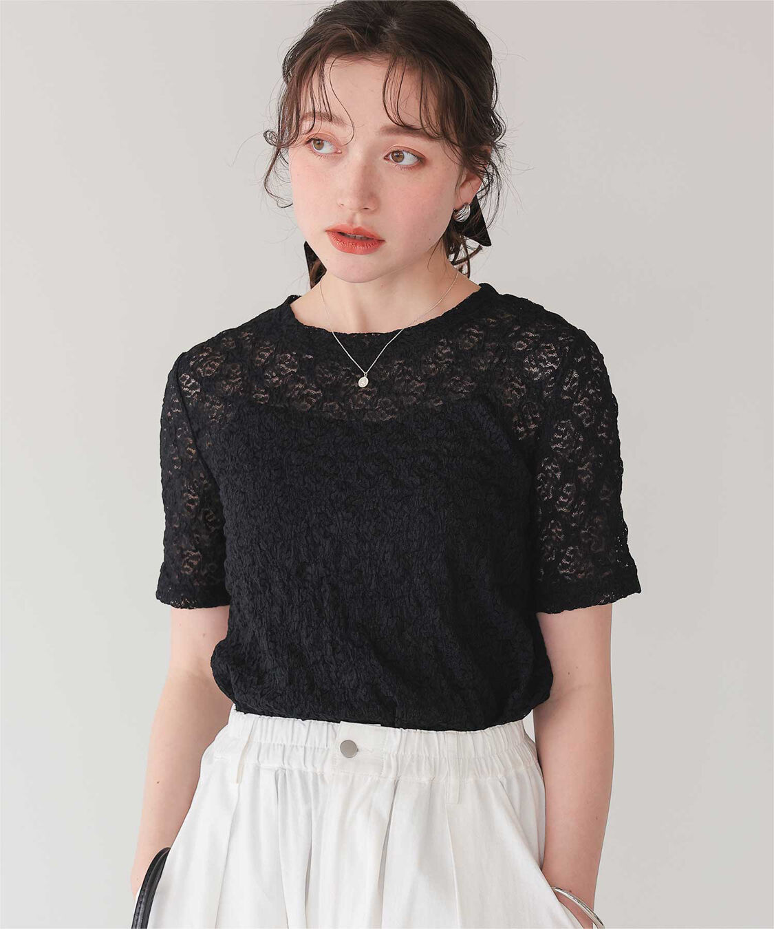 titivate「ハーフスリーブレーストップス」|Tシャツ・カットソー|ブラック