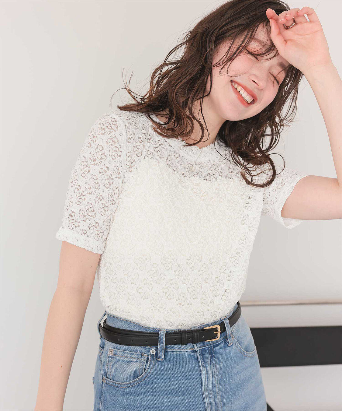 titivate「ハーフスリーブレーストップス」|Tシャツ・カットソー|オフホワイト