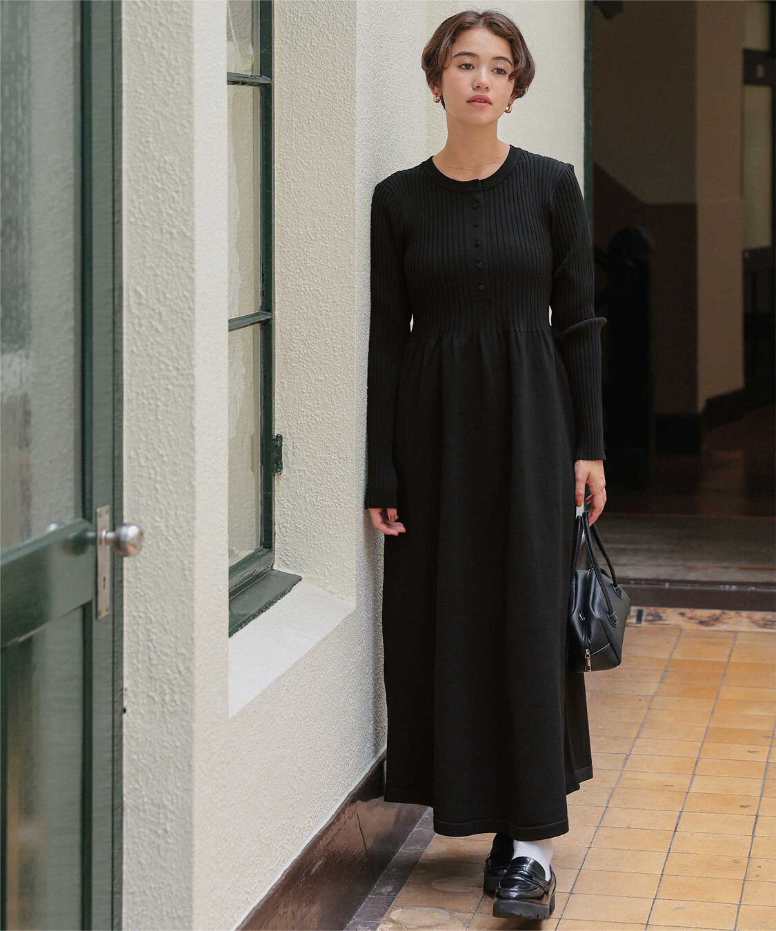 titivate「ヘンリーネックデザインニットワンピース」|ワンピース|ブラック