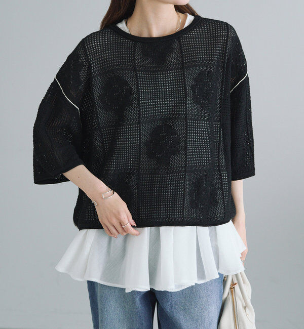  「配色透かし編みプルオーバー」|ニット・セーター|