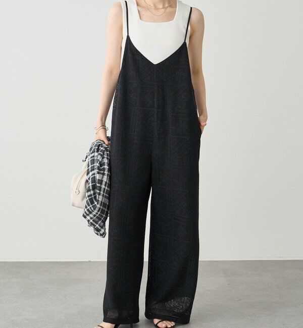  「メッシュクロス刺繍サロペット」|その他|ブラック