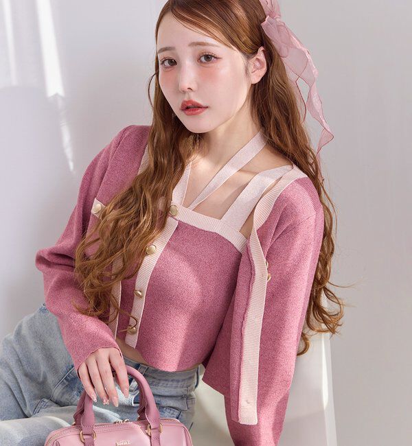  「配色ラメニットカーディガン」|ニット・セーター|ピンク系その他