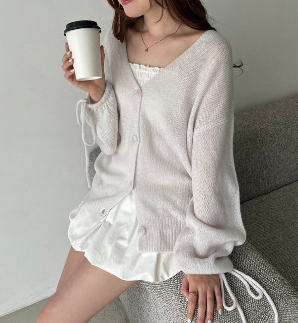  「袖リボンロングカーディガン」|ニット・セーター|ライトグレー