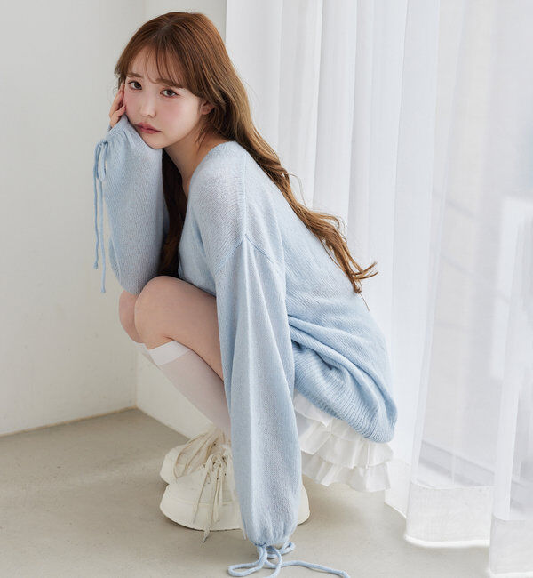  「袖リボンロングカーディガン」|ニット・セーター|