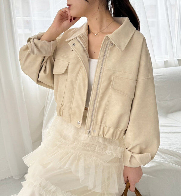  「フェイクレザーショートジャケット」|ダウンベスト・ベスト|アイボリー