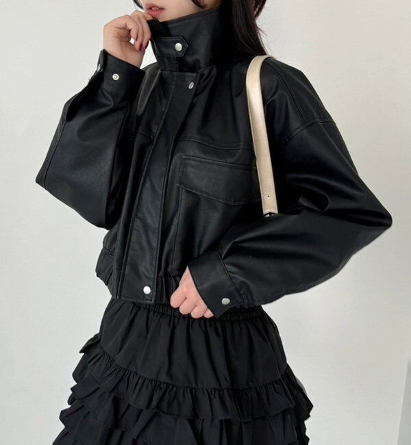  「フェイクレザーショートジャケット」|ダウンベスト・ベスト|ブラック