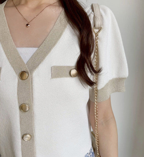  「【セット対応】配色ラメニット半袖カーディガン」|ニット・セーター|