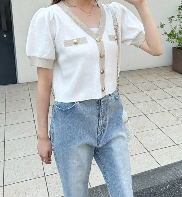  「【セット対応】配色ラメニット半袖カーディガン」|ニット・セーター|