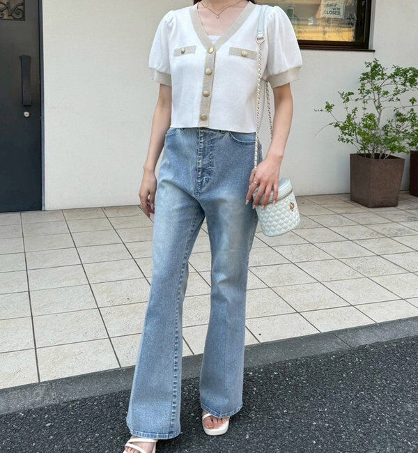  「【セット対応】配色ラメニット半袖カーディガン」|ニット・セーター|