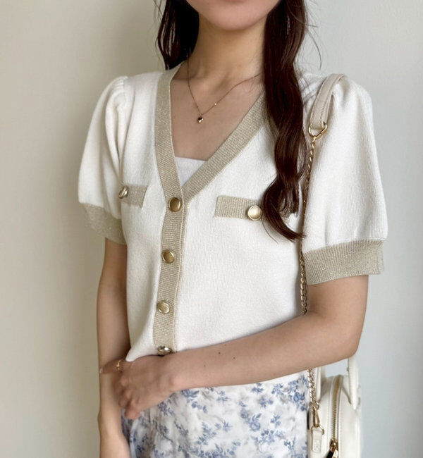  「【セット対応】配色ラメニット半袖カーディガン」|ニット・セーター|