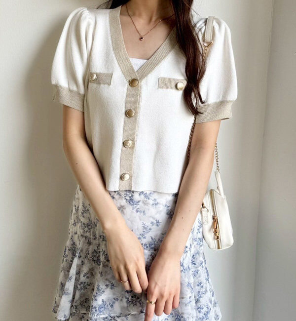  「【セット対応】配色ラメニット半袖カーディガン」|ニット・セーター|