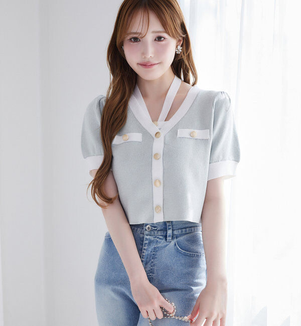  「【セット対応】配色ラメニット半袖カーディガン」|ニット・セーター|サックスブルー