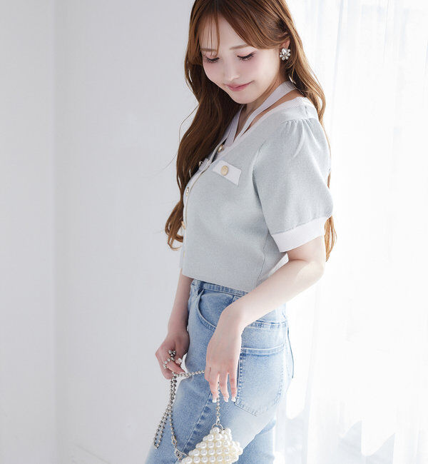  「【セット対応】配色ラメニット半袖カーディガン」|ニット・セーター|