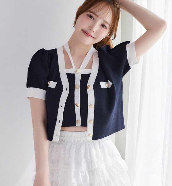  「【セット対応】配色ラメニット半袖カーディガン」|ニット・セーター|ネイビー