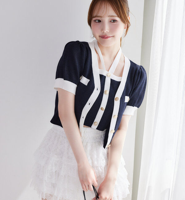  「【セット対応】配色ラメニット半袖カーディガン」|ニット・セーター|