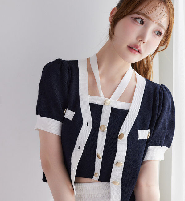  「【セット対応】配色ラメニット半袖カーディガン」|ニット・セーター|