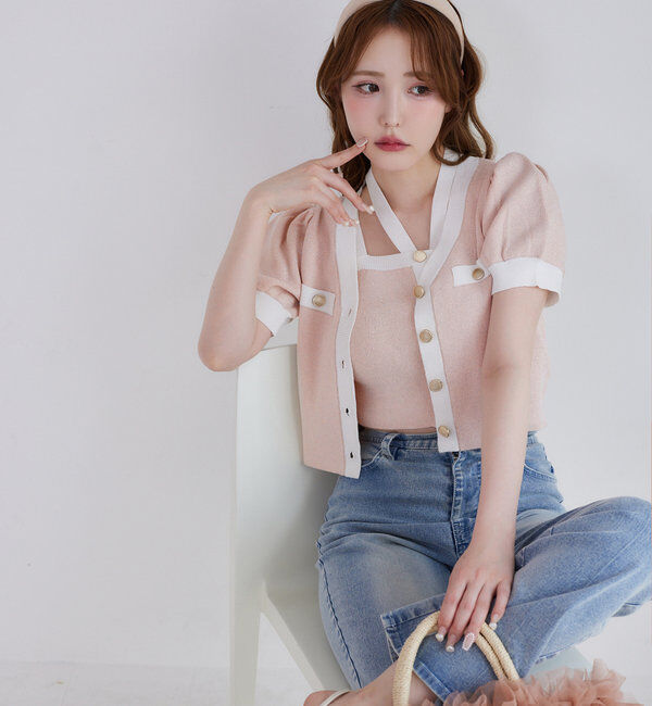  「【セット対応】配色ラメニット半袖カーディガン」|ニット・セーター|