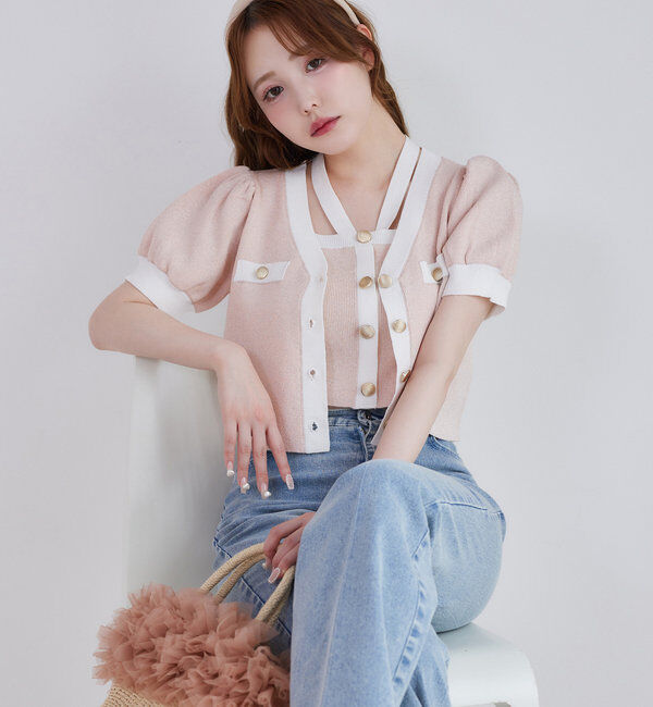  「【セット対応】配色ラメニット半袖カーディガン」|ニット・セーター|