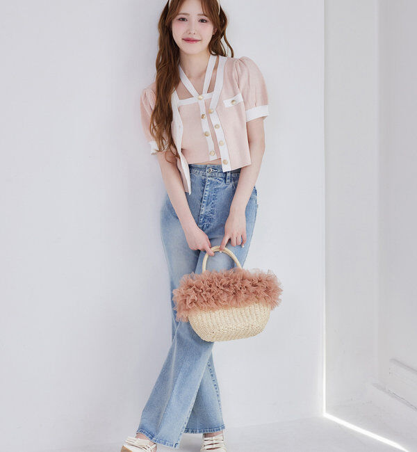  「【セット対応】配色ラメニット半袖カーディガン」|ニット・セーター|