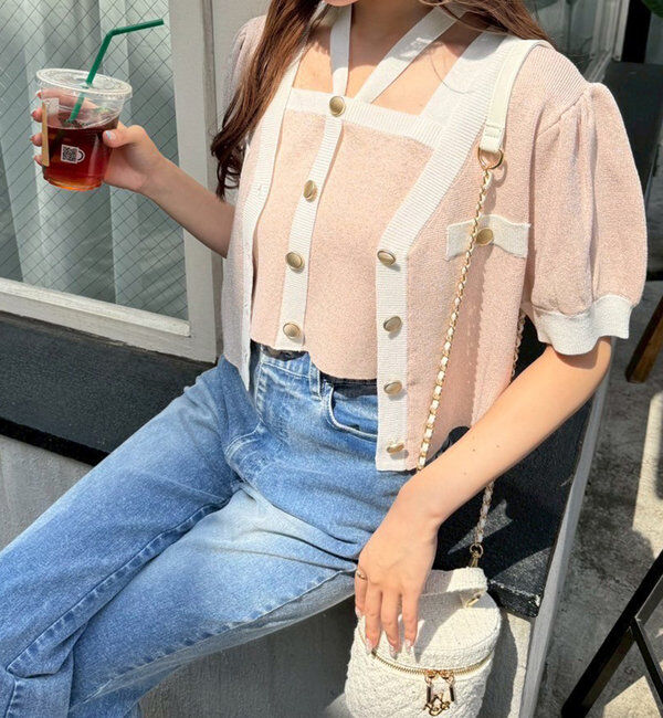  「【セット対応】配色ラメニット半袖カーディガン」|ニット・セーター|