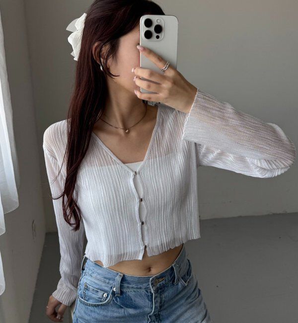  「ホック付きシアーカーデ」|ニット・セーター|サックスブルー