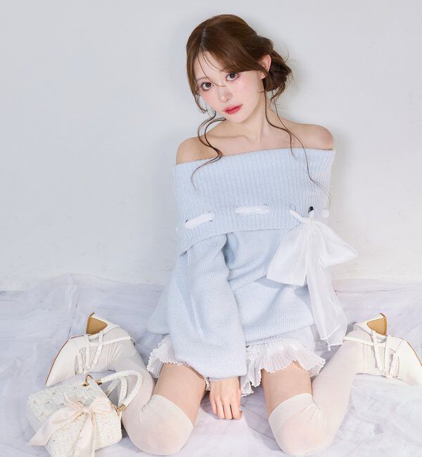  「リボン付きオフショルニットワンピ」|ワンピース|