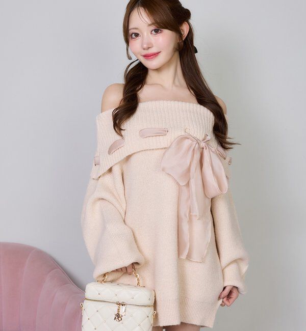  「リボン付きオフショルニットワンピ」|ワンピース|
