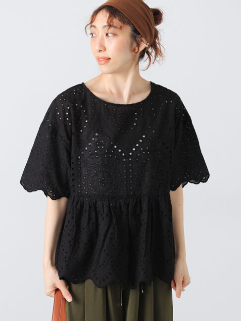 Lugnoncure「アイレットレース半袖ブラウス」|シャツ・ブラウス|ブラック