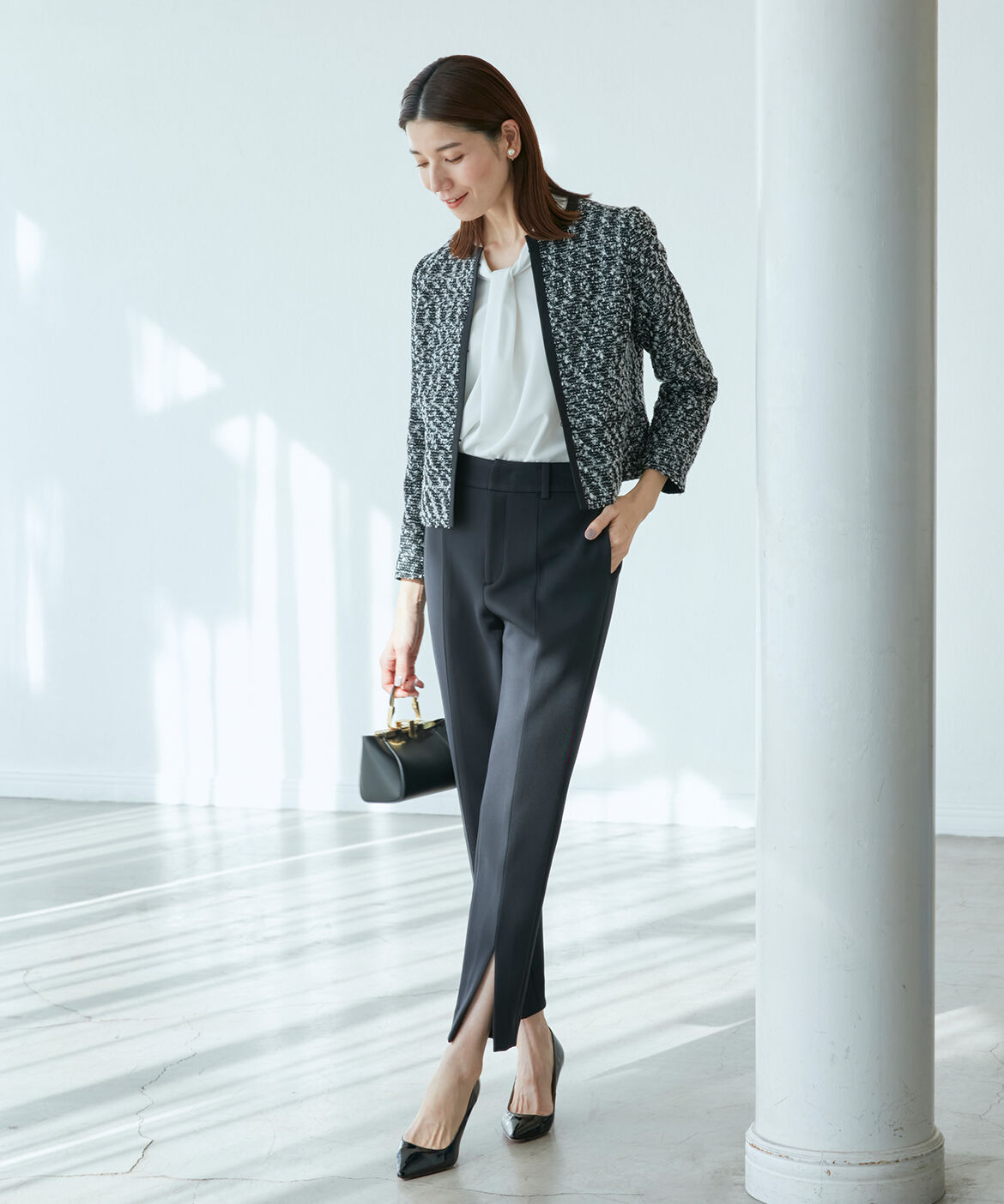 INED「《ROBE SUPERIOR CLOSET》ノーカラーツイードジャケット」|ノーカラージャケット|