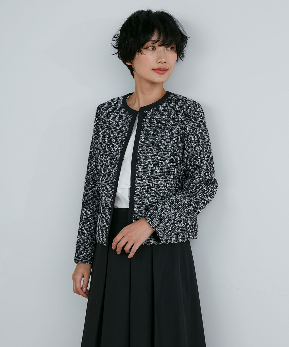 INED「《ROBE SUPERIOR CLOSET》ノーカラーツイードジャケット」|ノーカラージャケット|