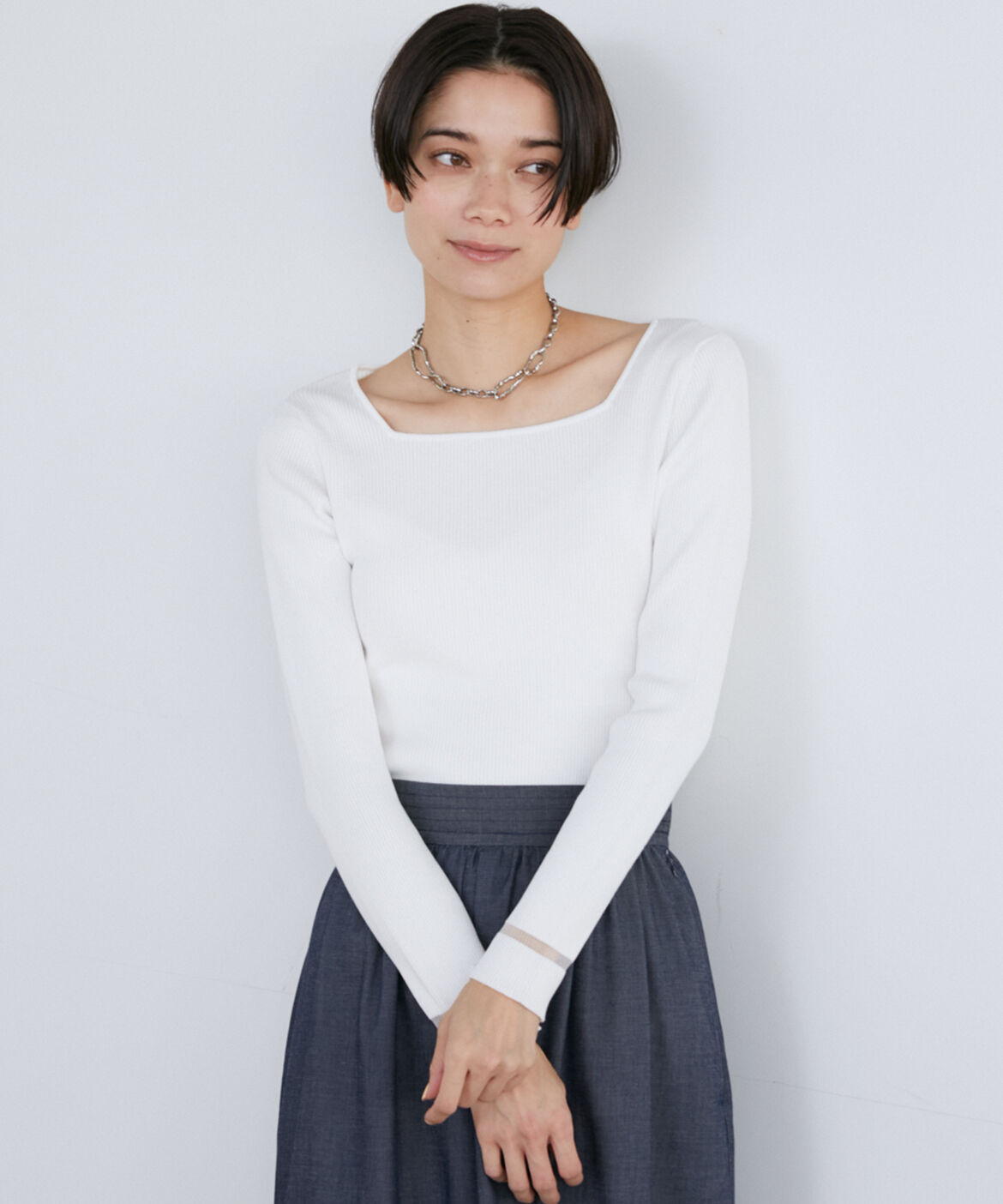 INED「《大きいサイズ》スクエアネックリブニット」|ニット・セーター|オフホワイト1