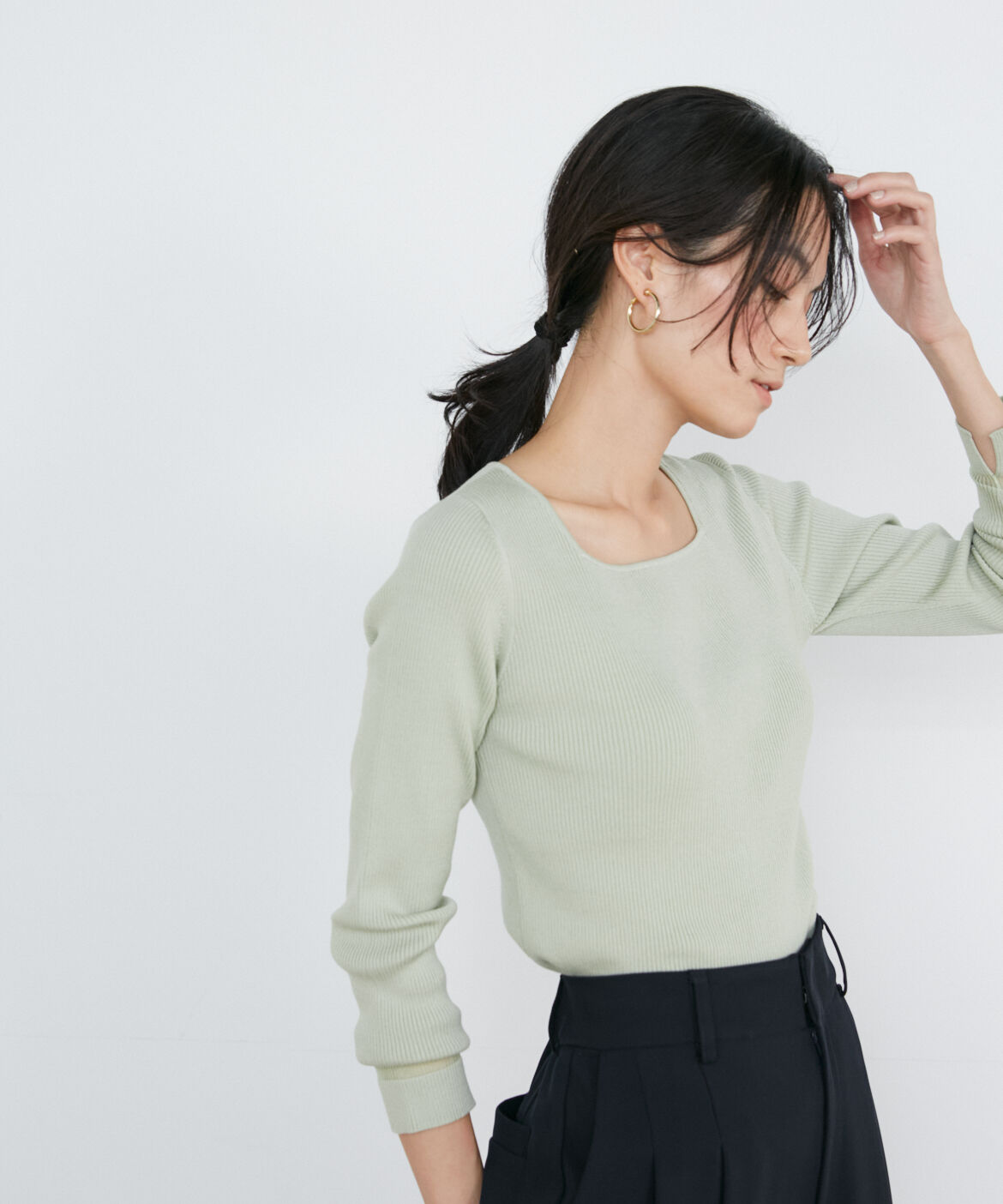 INED「《大きいサイズ》スクエアネックリブニット」|ニット・セーター|