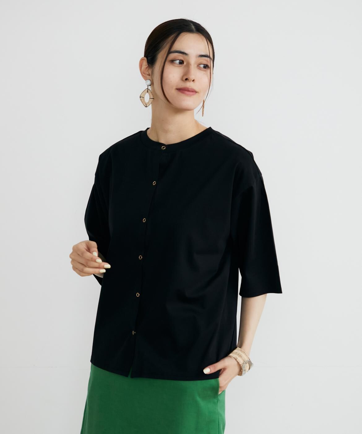 INED「2WAYドットボタン半袖カーディガン」|カーディガン|ブラック