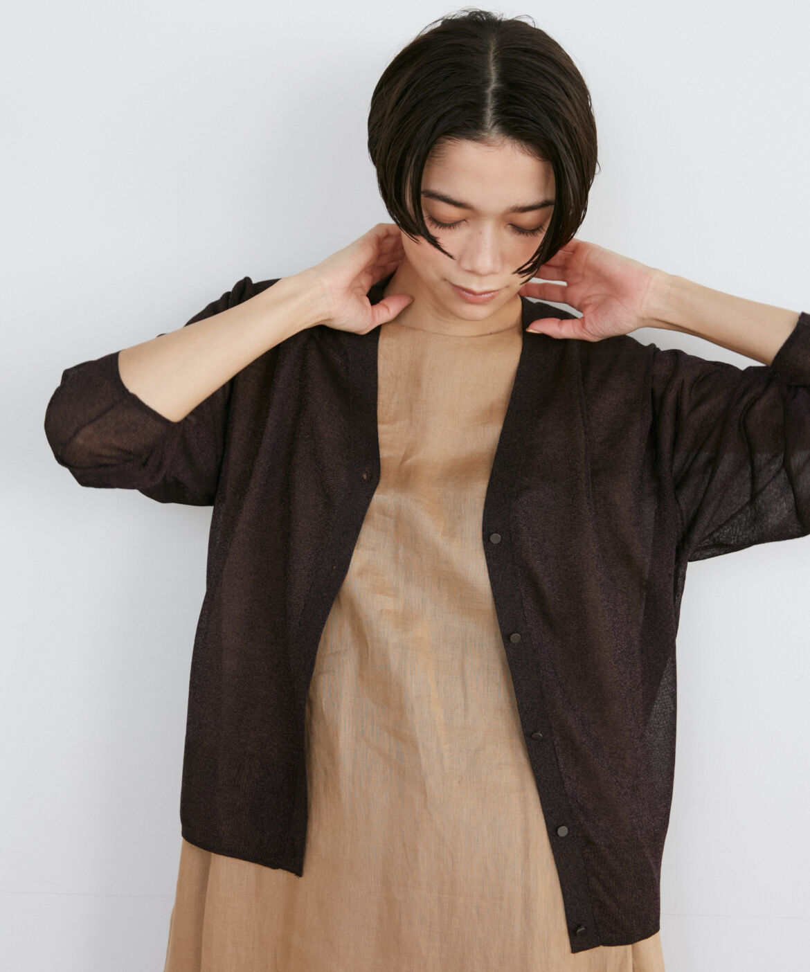 INED「《大きいサイズ》シャイニーシアーニットカーディガン《Luftrobe》」|カーディガン|