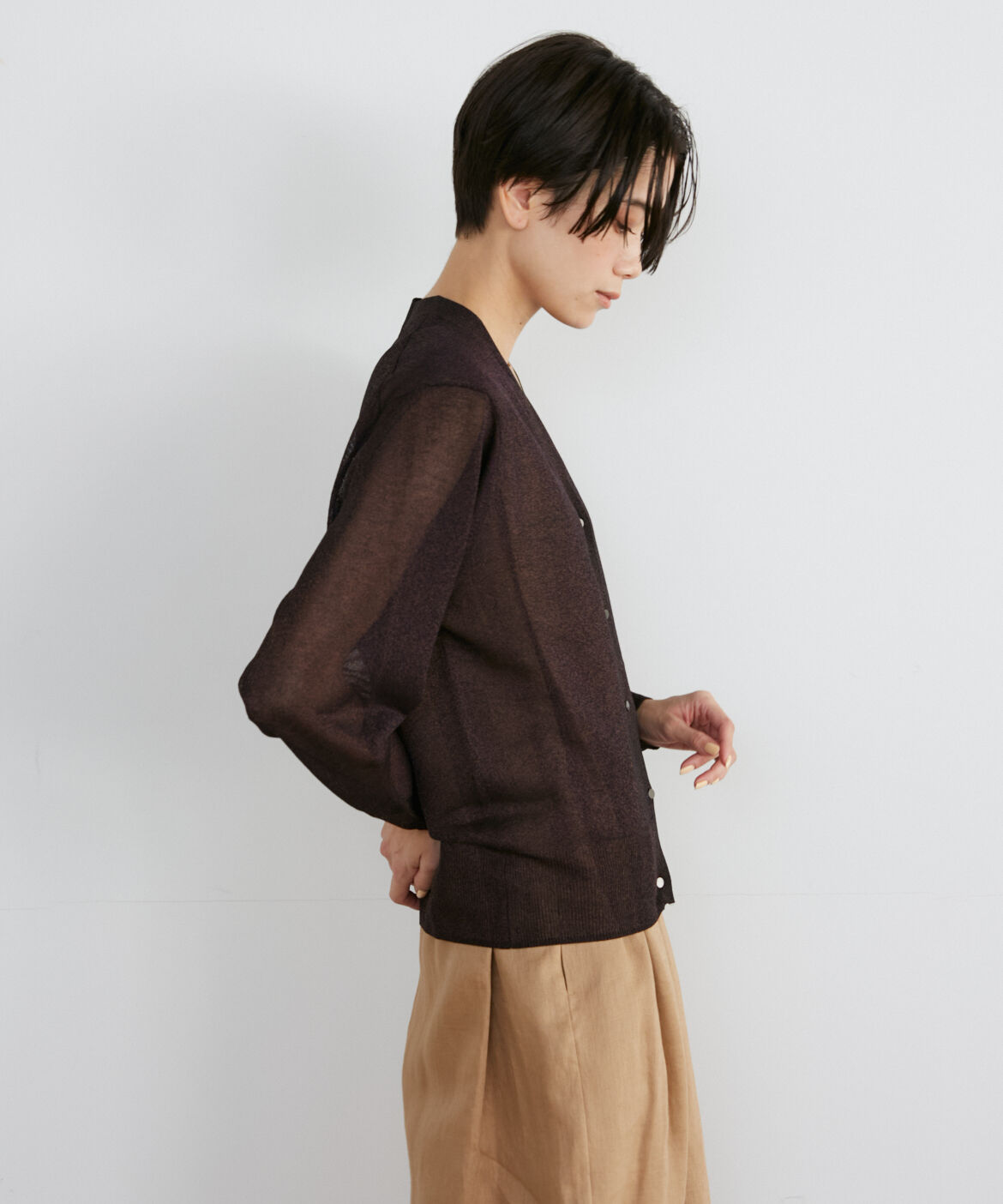 INED「《大きいサイズ》シャイニーシアーニットカーディガン《Luftrobe》」|カーディガン|