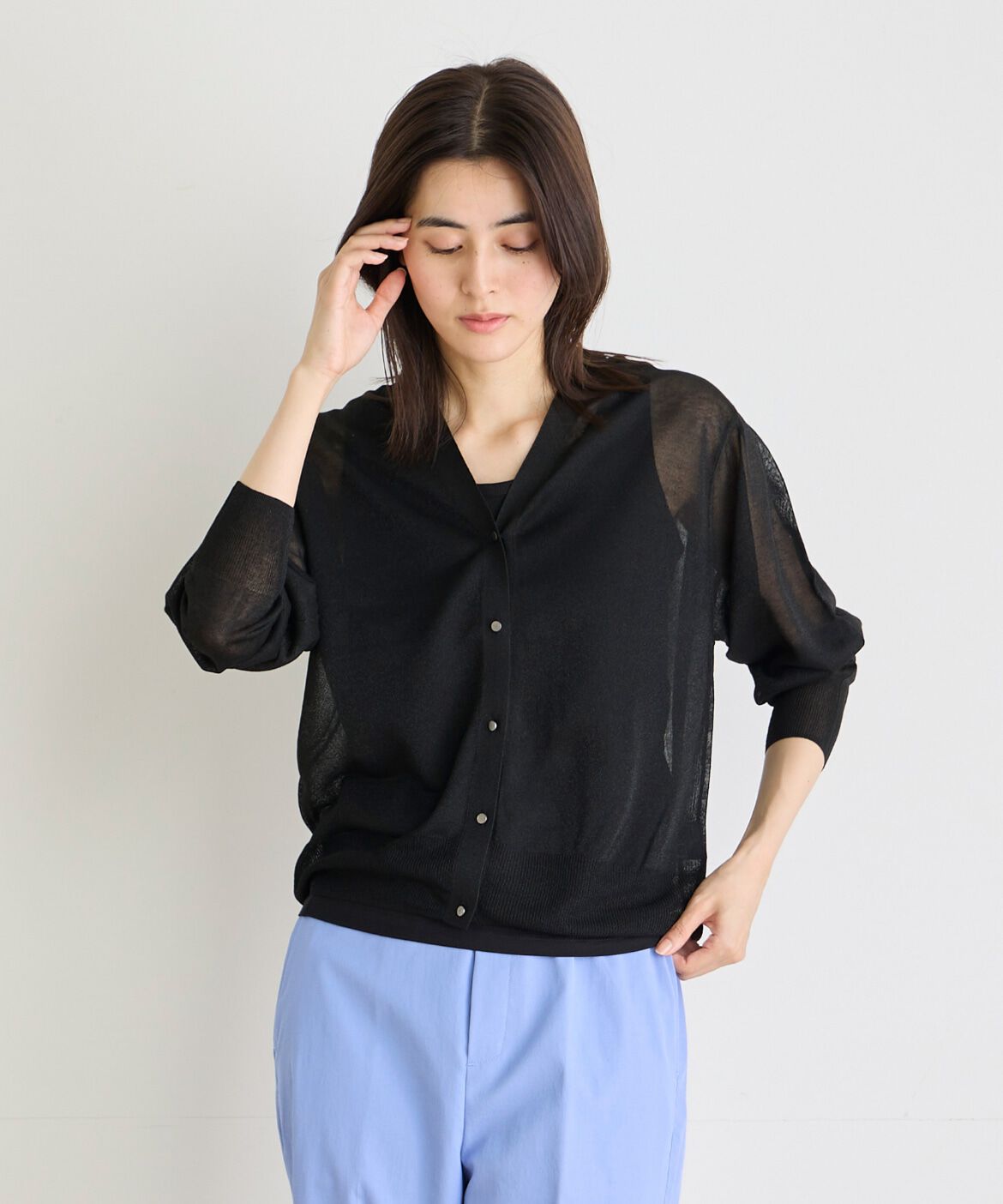 INED「《Luftrobe》シャイニーシアーニットカーディガン」|カーディガン|ブラック