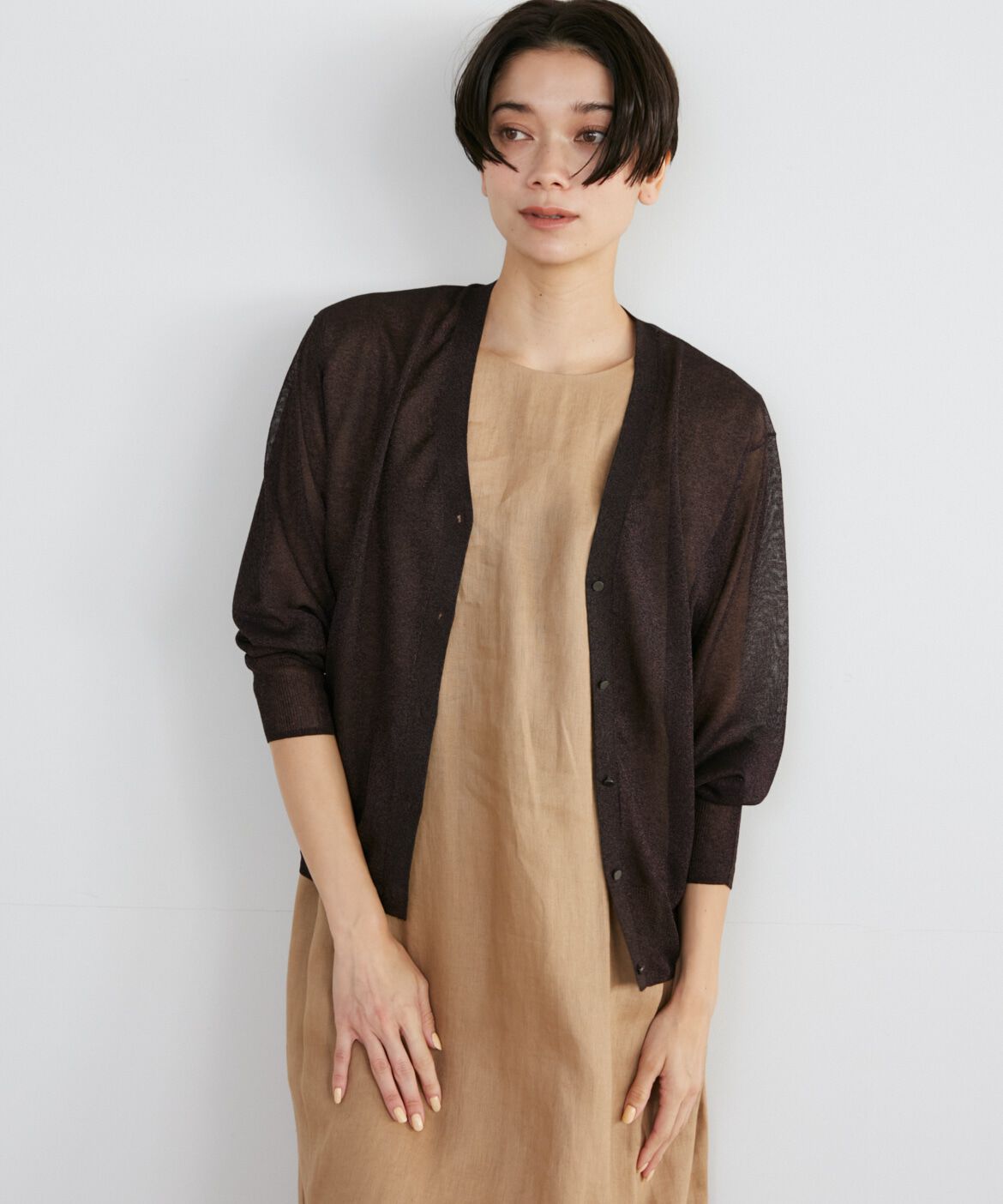 INED「《Luftrobe》シャイニーシアーニットカーディガン」|カーディガン|