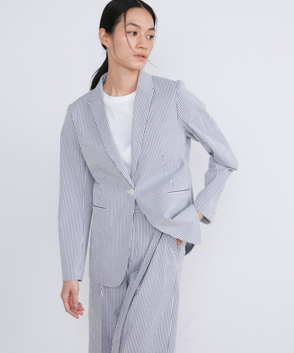 INED「《大きいサイズ》サッカーストライプジャケット」|テーラードジャケット|