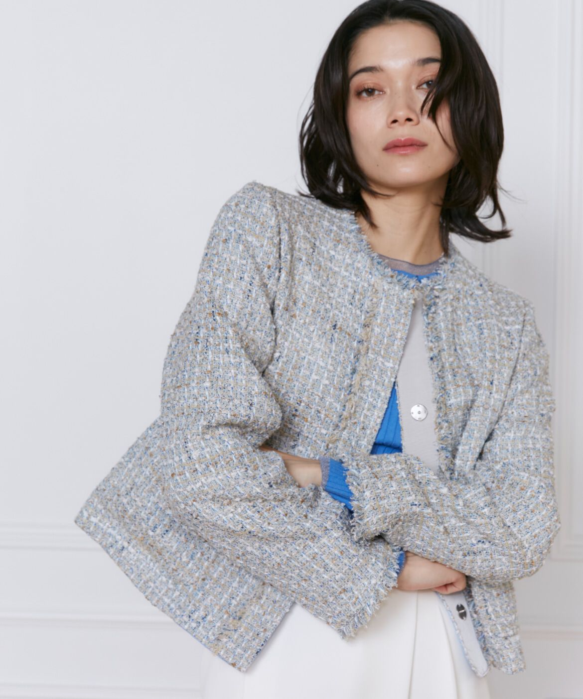 INED「《大きいサイズ》ノーカラーツイードジャケット《Lanificico Campore》」|ノーカラージャケット|ブルー1