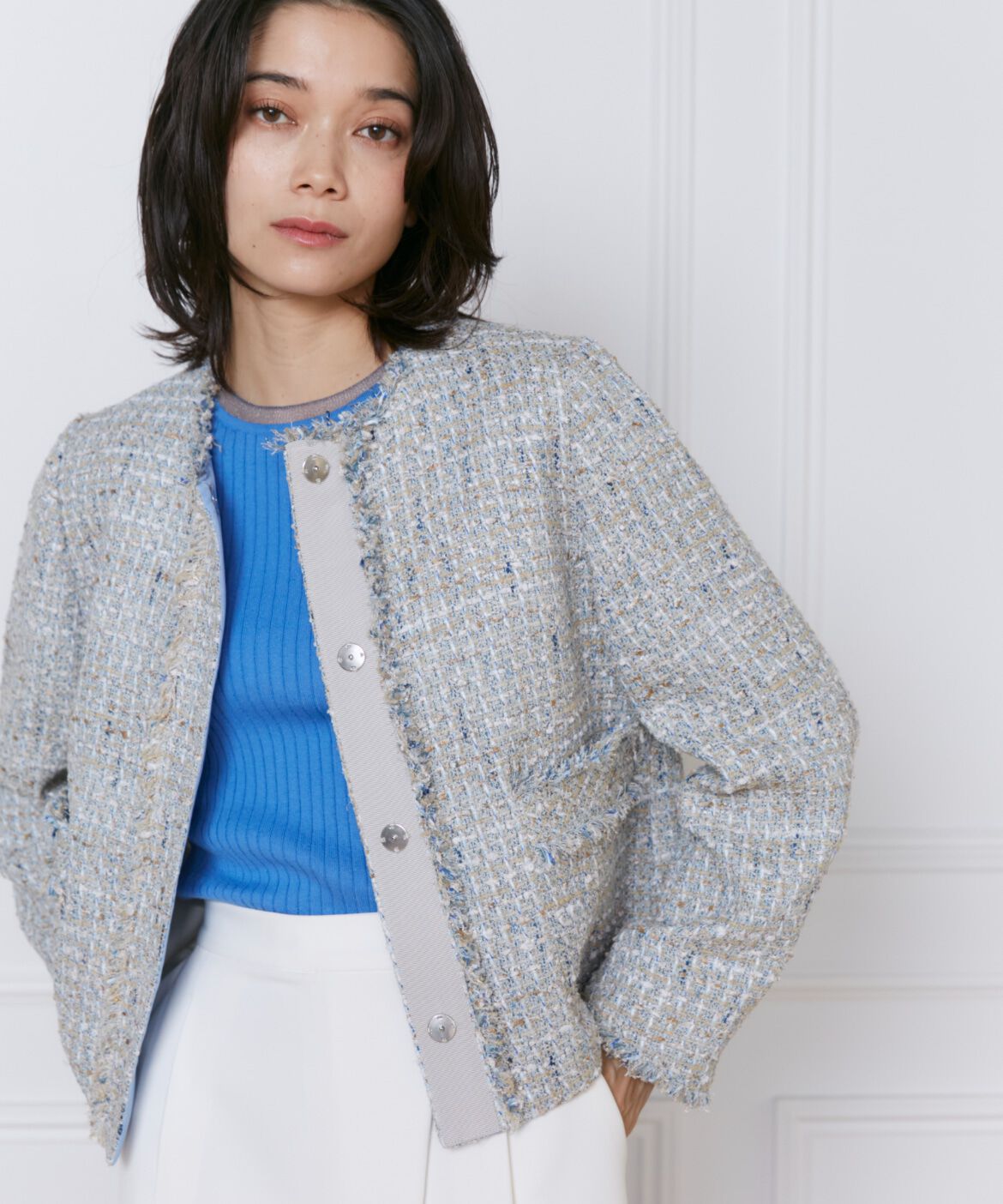 INED「《大きいサイズ》ノーカラーツイードジャケット《Lanificico Campore》」|ノーカラージャケット|