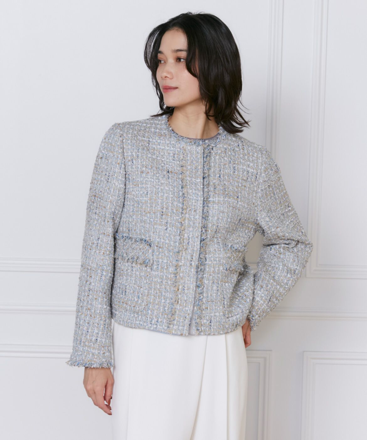 INED「《大きいサイズ》ノーカラーツイードジャケット《Lanificico Campore》」|ノーカラージャケット|