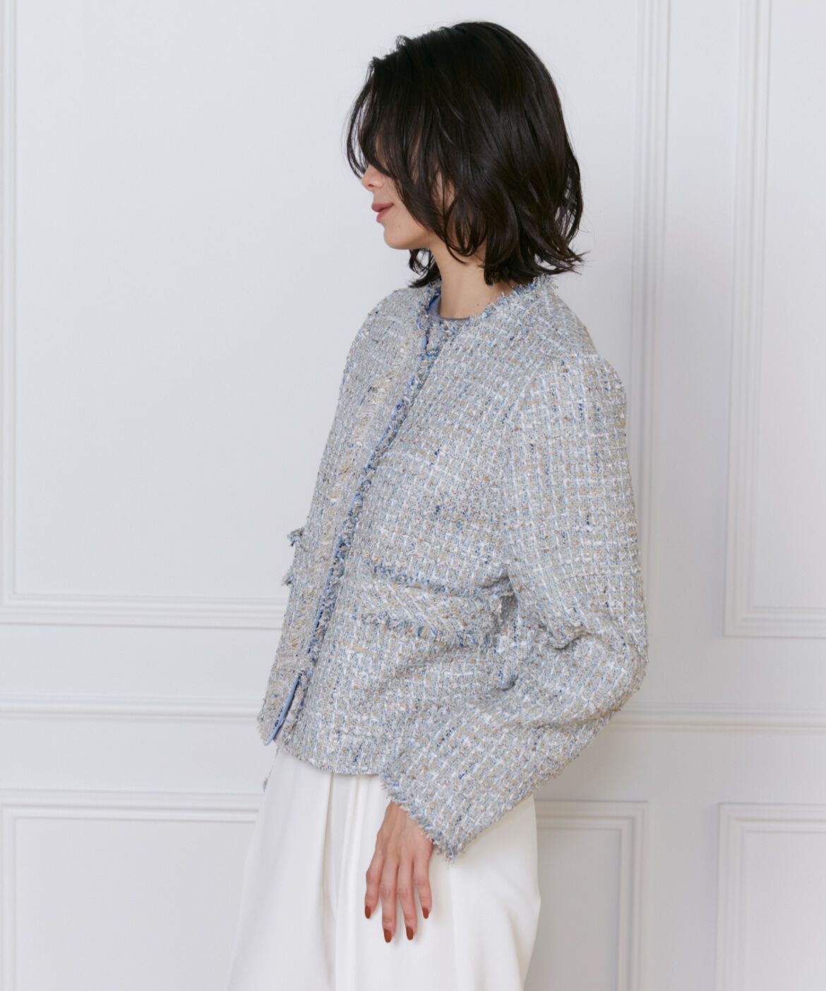 INED「《大きいサイズ》ノーカラーツイードジャケット《Lanificico Campore》」|ノーカラージャケット|