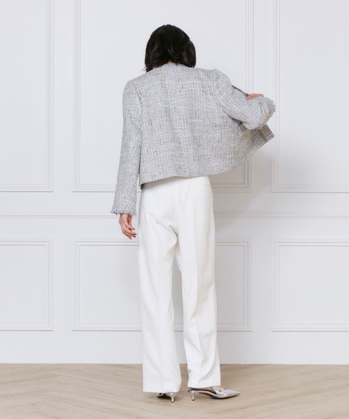 INED「《大きいサイズ》ノーカラーツイードジャケット《Lanificico Campore》」|ノーカラージャケット|