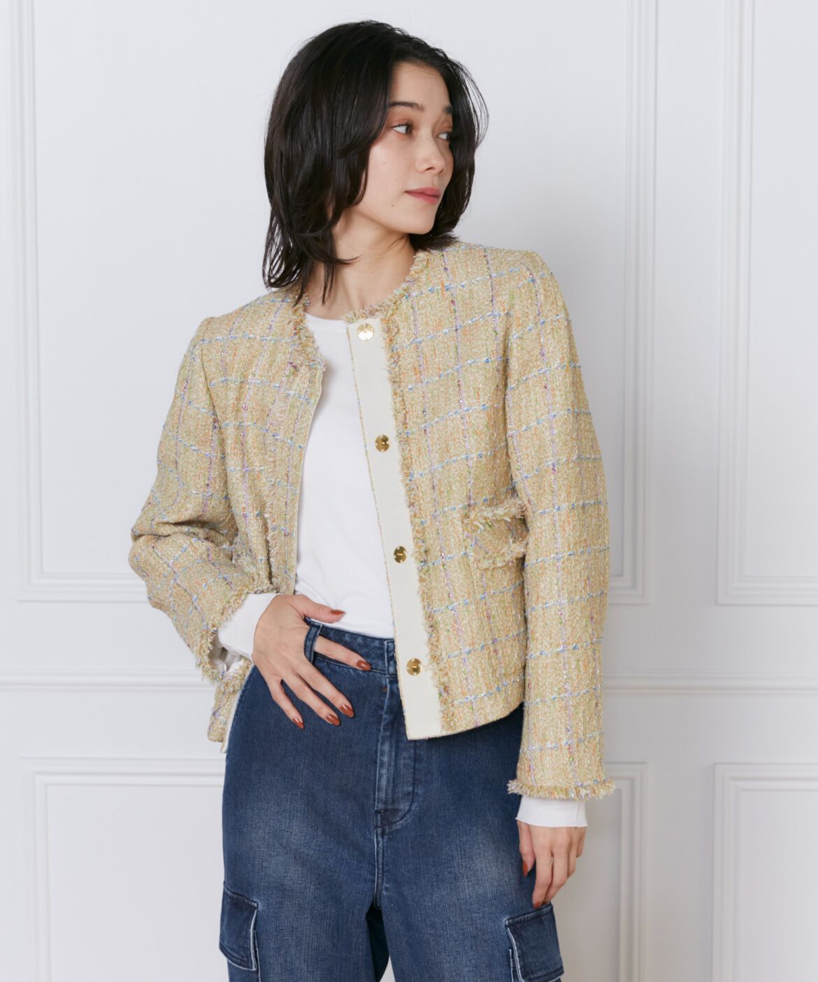 INED「《大きいサイズ》ノーカラーツイードジャケット《Lanificico Campore》」|ノーカラージャケット|