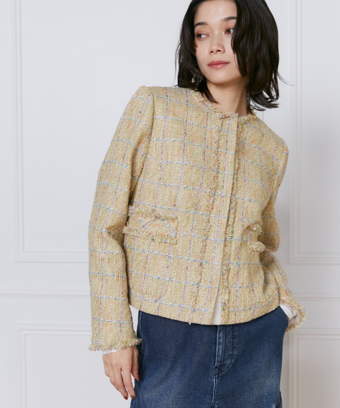 INED「《大きいサイズ》ノーカラーツイードジャケット《Lanificico Campore》」|ノーカラージャケット|オレンジ1