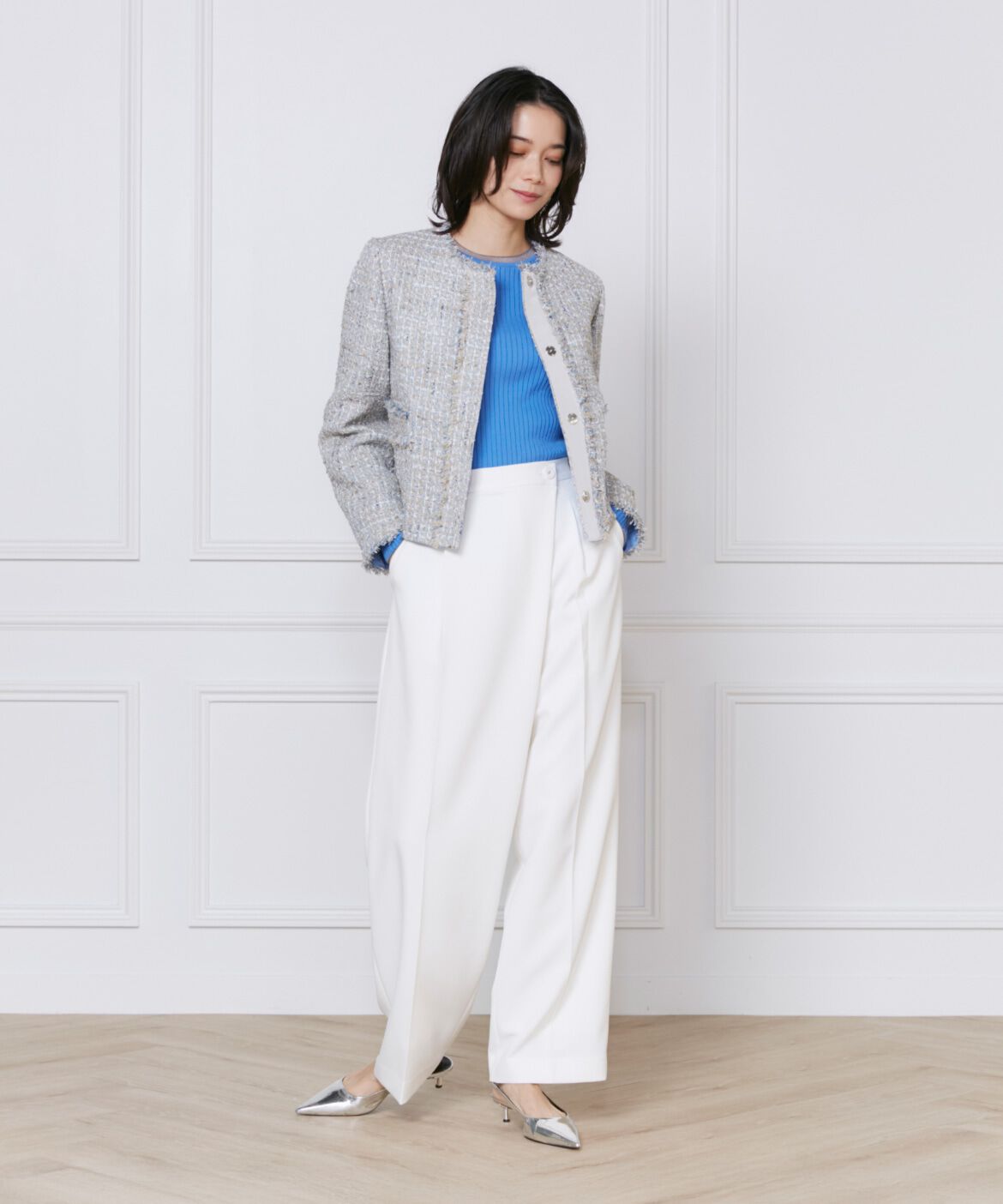 INED「《大きいサイズ》ノーカラーツイードジャケット《Lanificico Campore》」|ノーカラージャケット|