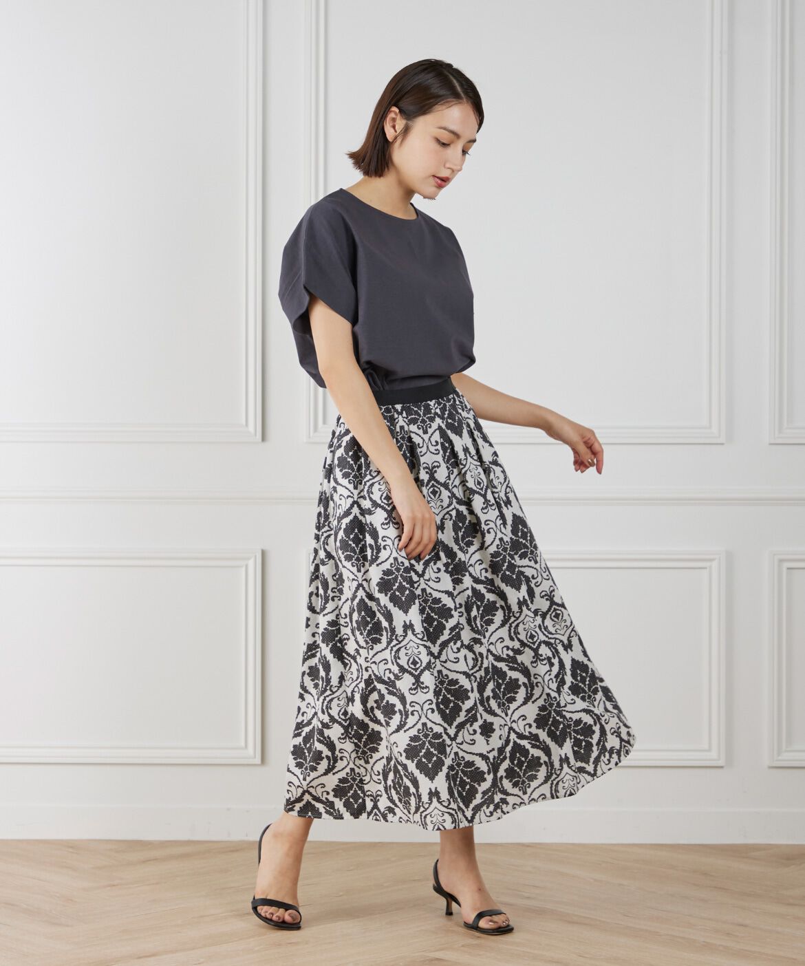 7-IDconcept.「プリントギャザースカート」|フレア|
